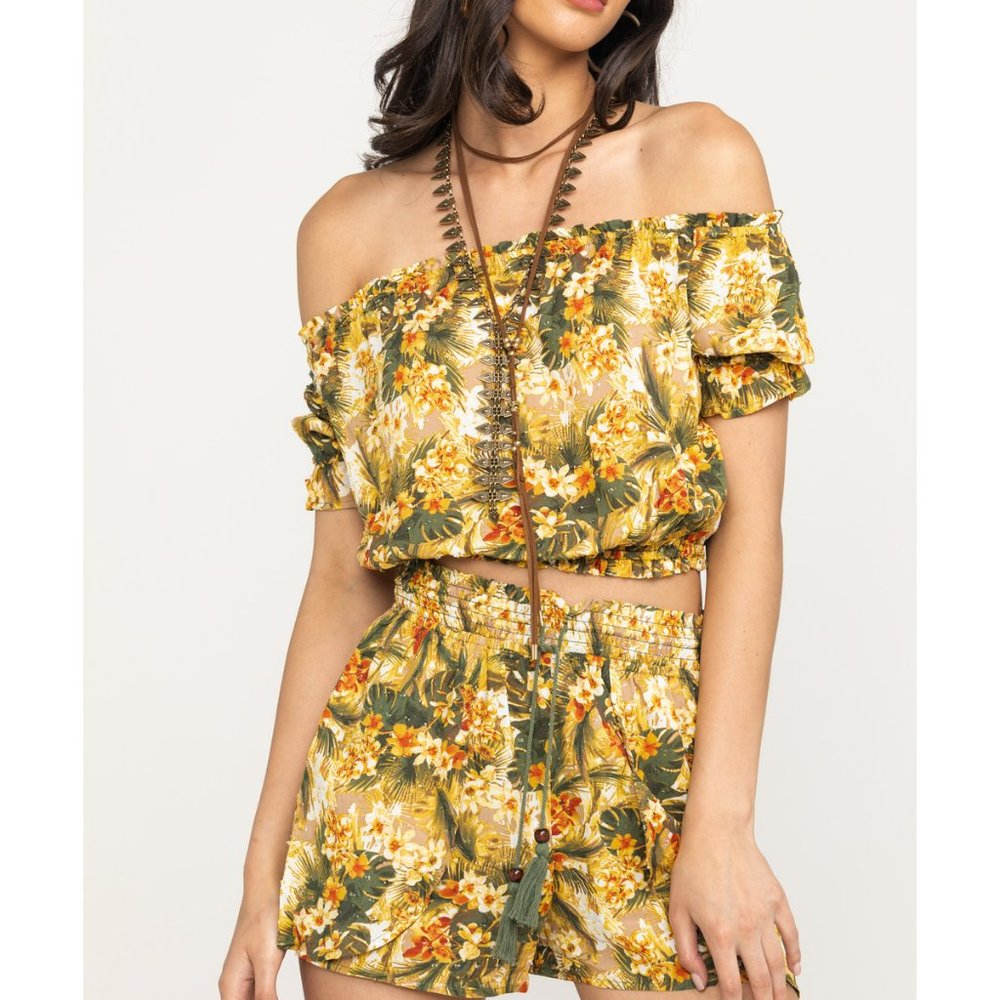 Coco + Jaimeson Off The Shoulder Tropical Crop Top
